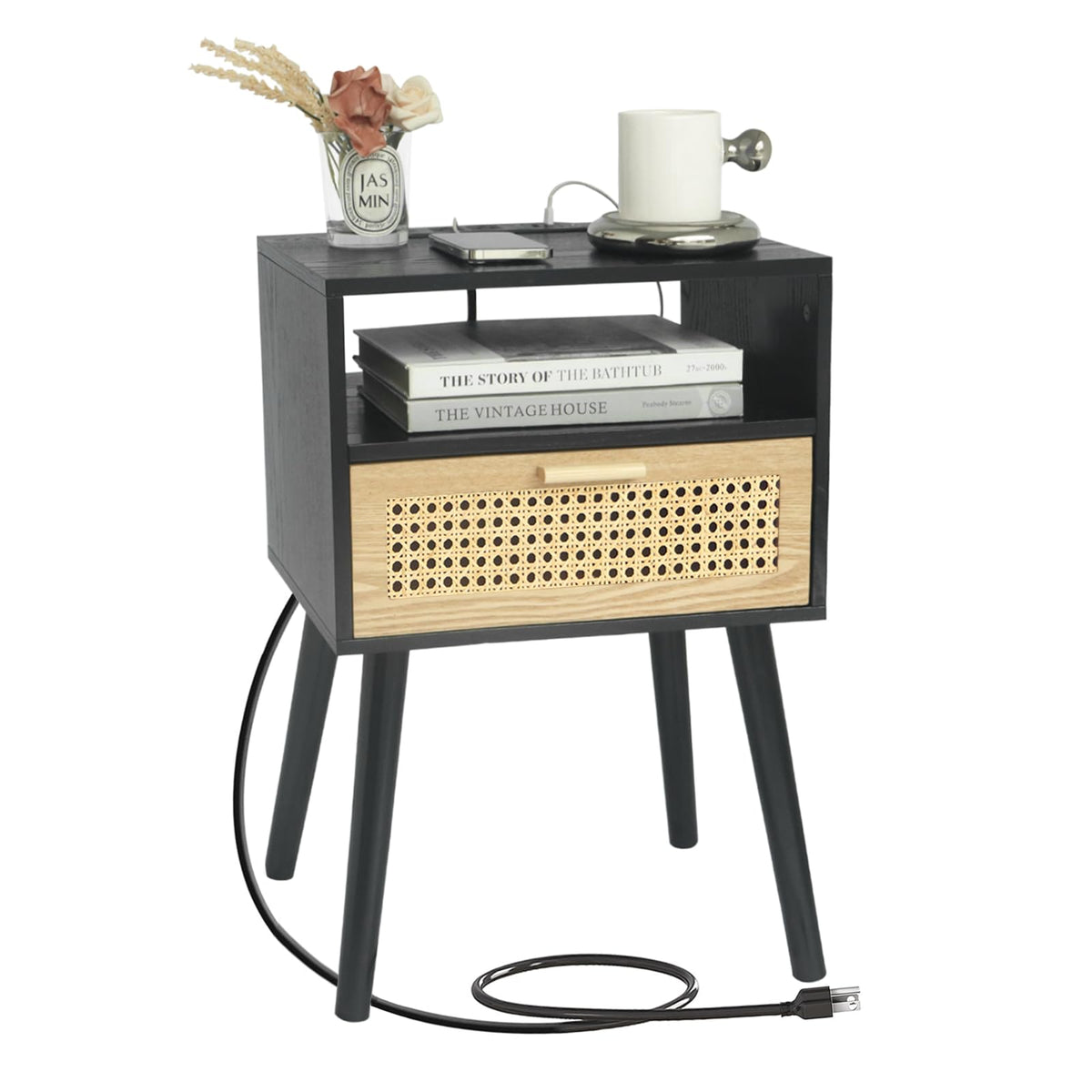 Maxsmeo Mid Century Modern Nightstand With Charging Station, Bedside Tables With Rattan Drawer, Small Wood Nightstand Side Table For Living Room,Bedroom (Black)
