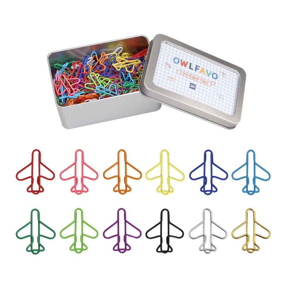 Owlfavo 120Pcs Airplane Shape Paper Clips With Storage Box, 12 Colors, Funny Cute Paperclips Bookmarks Planner Clips For Fun Off
