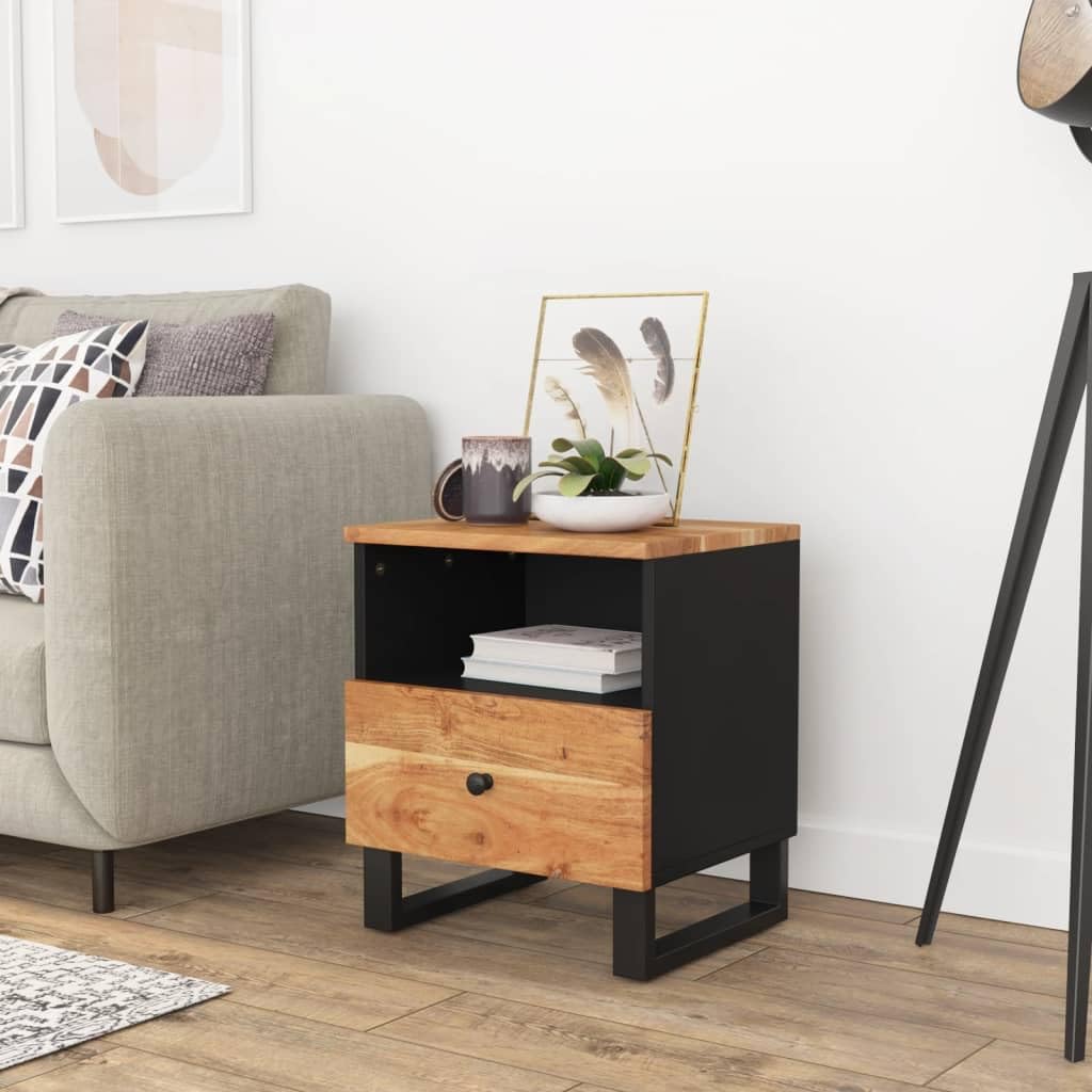 vidaXL Bedside Cabinet with Metal Legs, Solid Acacia Wood, Single Compartment & Drawer, Brown, Industrial Style Design