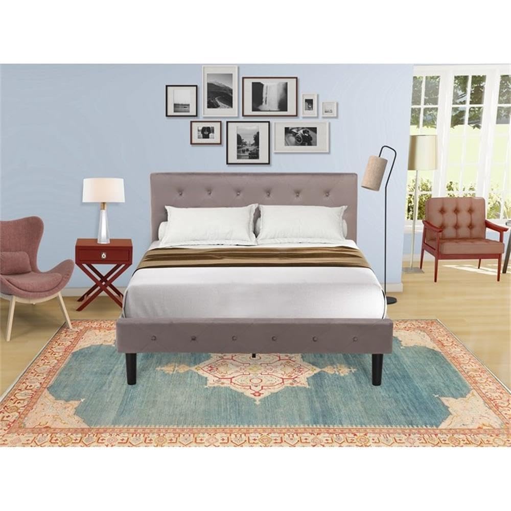 East West Furniture NL14F-1HA13 2 Piece Full Bed Set - Button Tufted Platform Bed Frame - Brown Taupe Velvet Fabric Upholstered Headboard and a Burgundy Finish Nightstand