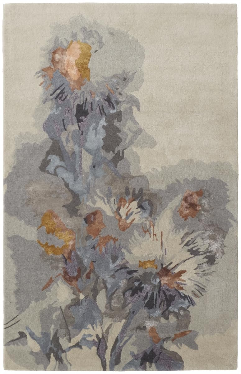 HomeRoots 513384 5 x 8 ft. Gray Blue & Orange Wool Floral Hand Tufted Handmade Rectangle Area Rug