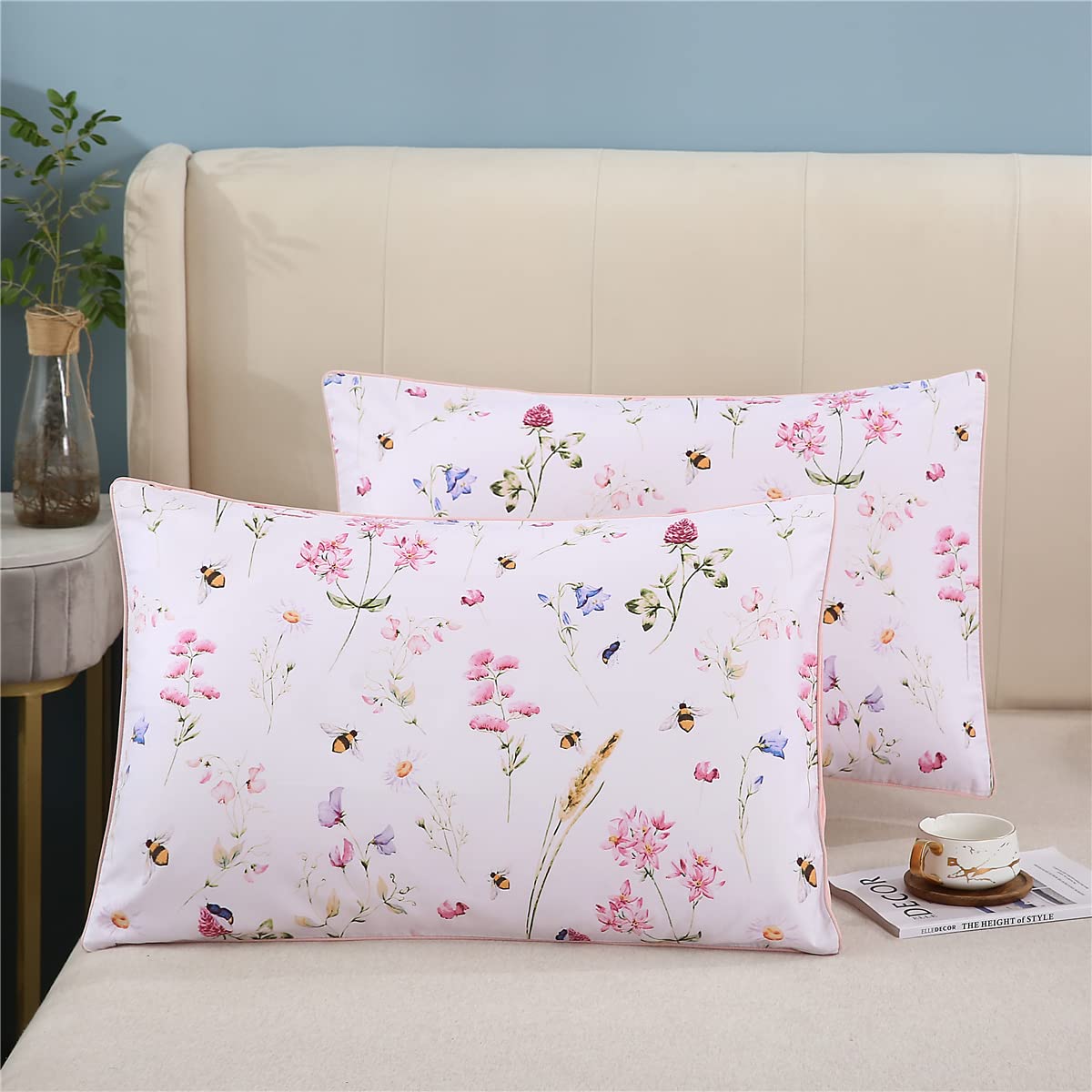 Winlife 100% Cotton Pillowcases Standard Size Pink Floral Bees Printed Pillow Cover 2 Pack, Super Soft Envelope Closure Standard