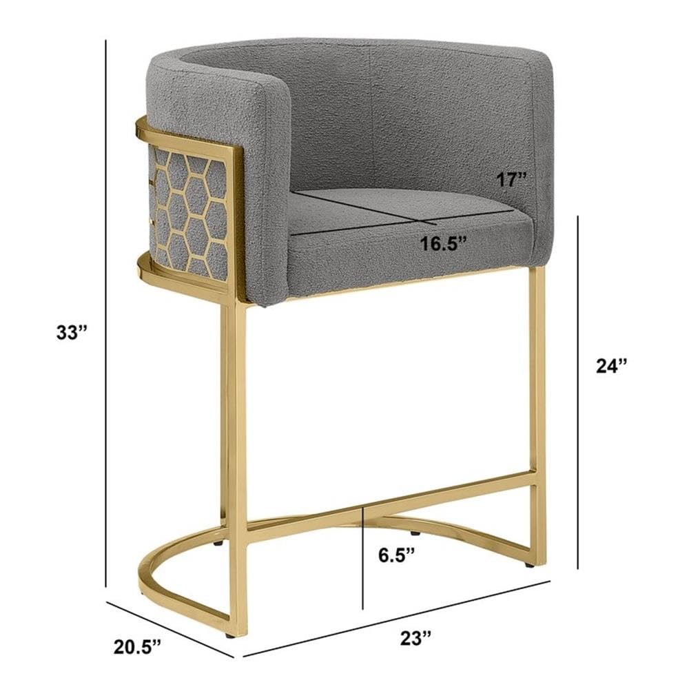 Best Quality Furniture Modern Barrel Counter Height Stools with Honeycomb Pattern, Teddy Fabric Upholstery - Dark Gray, Gold Chrome Finish