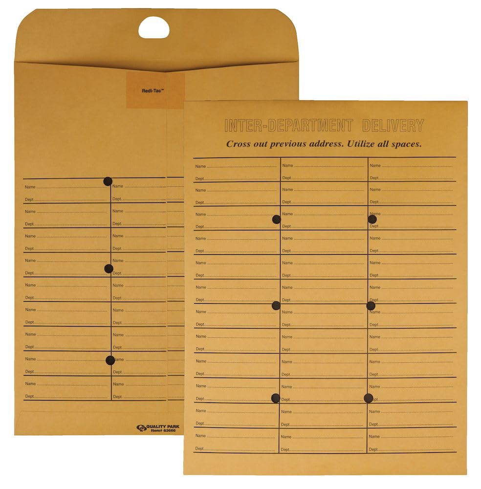 Quality Park 2-Side Interoffice Envelopes, Redi-Tac Box-Style, Brown Kraft, 10 X 13, 100 Per Box, (63666)