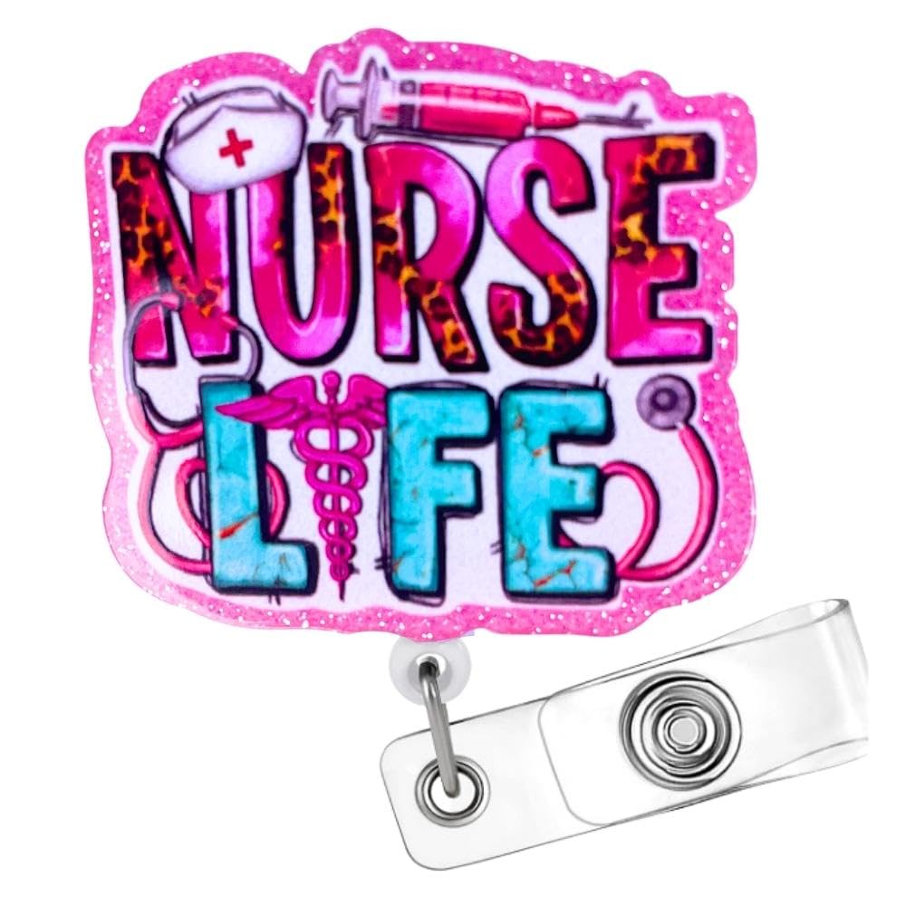 Nurse Life Badge Reel For Nurse, Nurses & Nursing; Bling Glitter Cute Pink Western Id Holder Name Tag Clips Retractable Er Medic