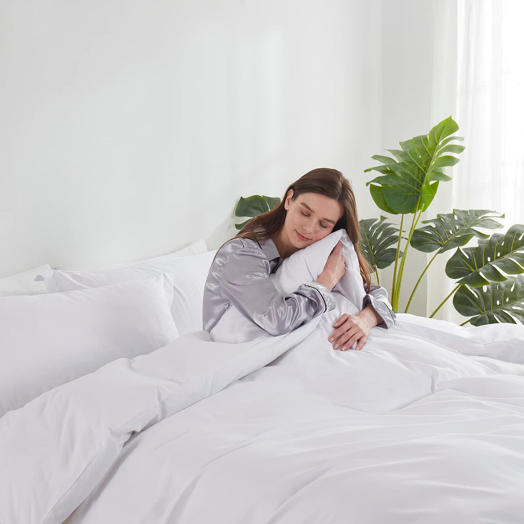 Hearth & Harbor White Duvet Cover Queen Size - 3 Piece Queen Duvet Cover Set, Soft Double Brushed Queen Size Duvet Covers With B