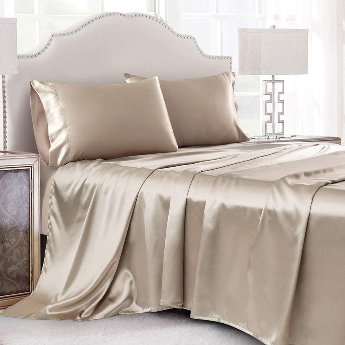 Cobedzy 4 Pieces Taupe Satin Sheets King Size Bed Set, Luxury Silky Satin Bedding Sheets Set With 1 Deep Pocket Fitted Sheet, 1