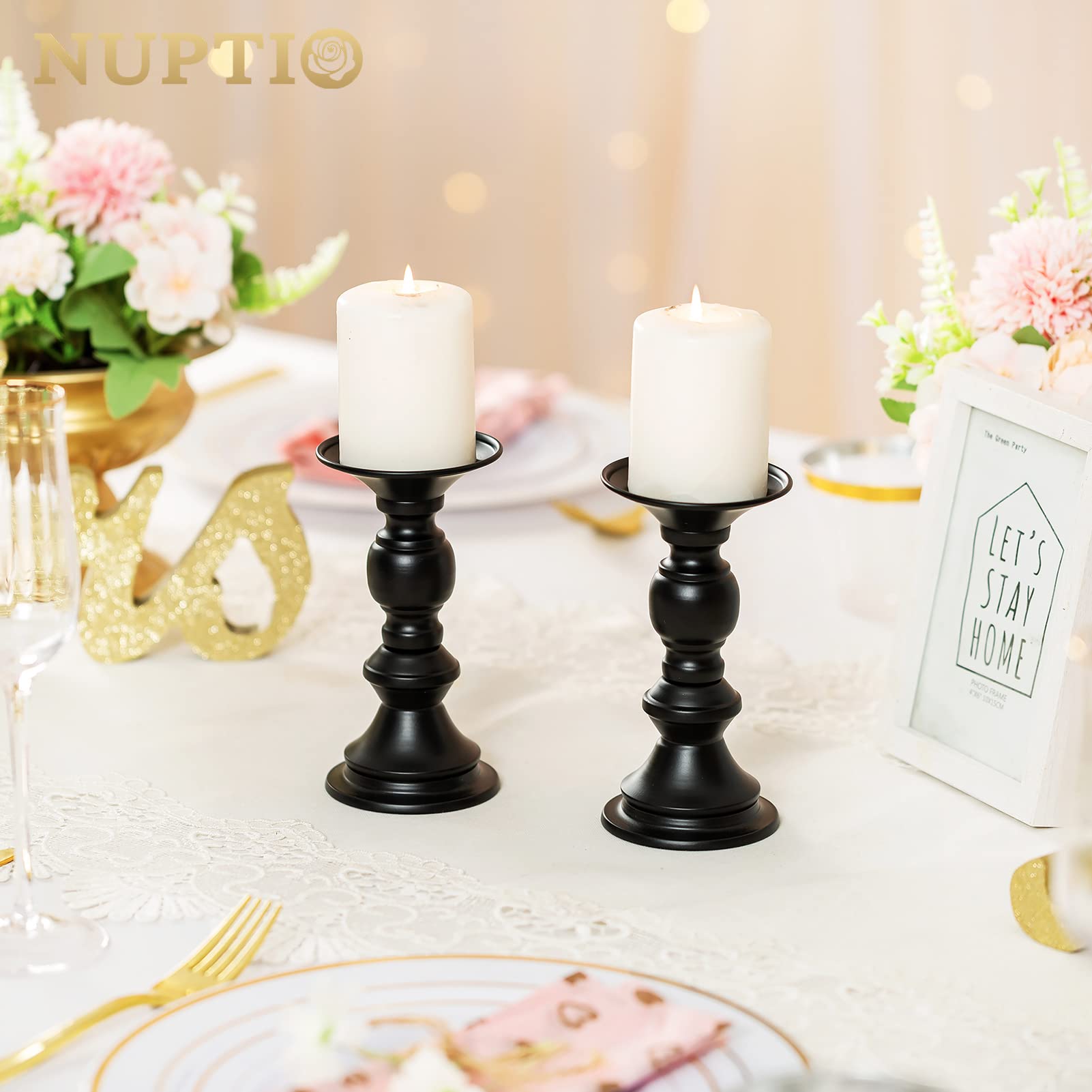 Nuptio 2 Pcs Candle Holders For Pillar Candles, Black Candle Holder For 50Mm Candles Christmas Halloween Mantlepiece Decorations