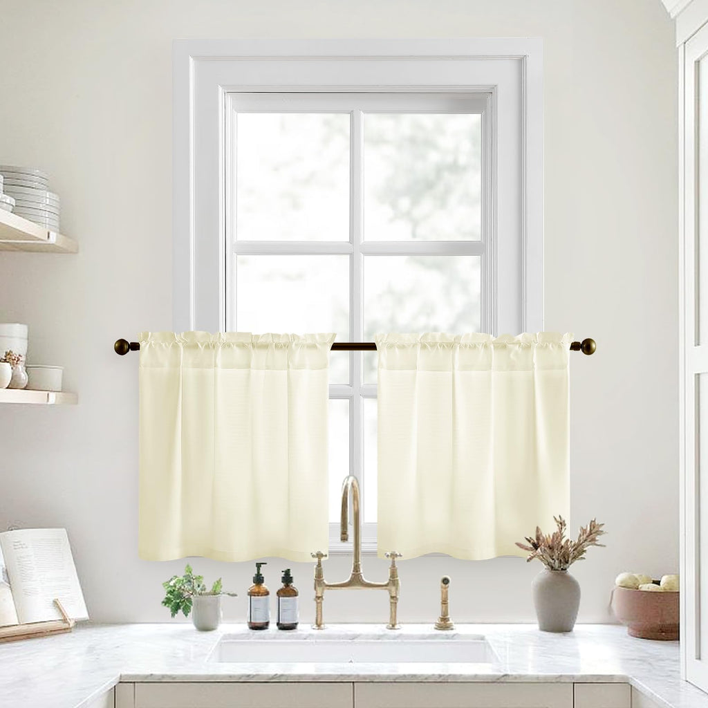 HOMEIDEAS Cream Yellow Kitchen Curtains 30 X 24 Inches 2 Panels Set Non-See-Through Privacy Semi Sheer Short Window Curtains Fis
