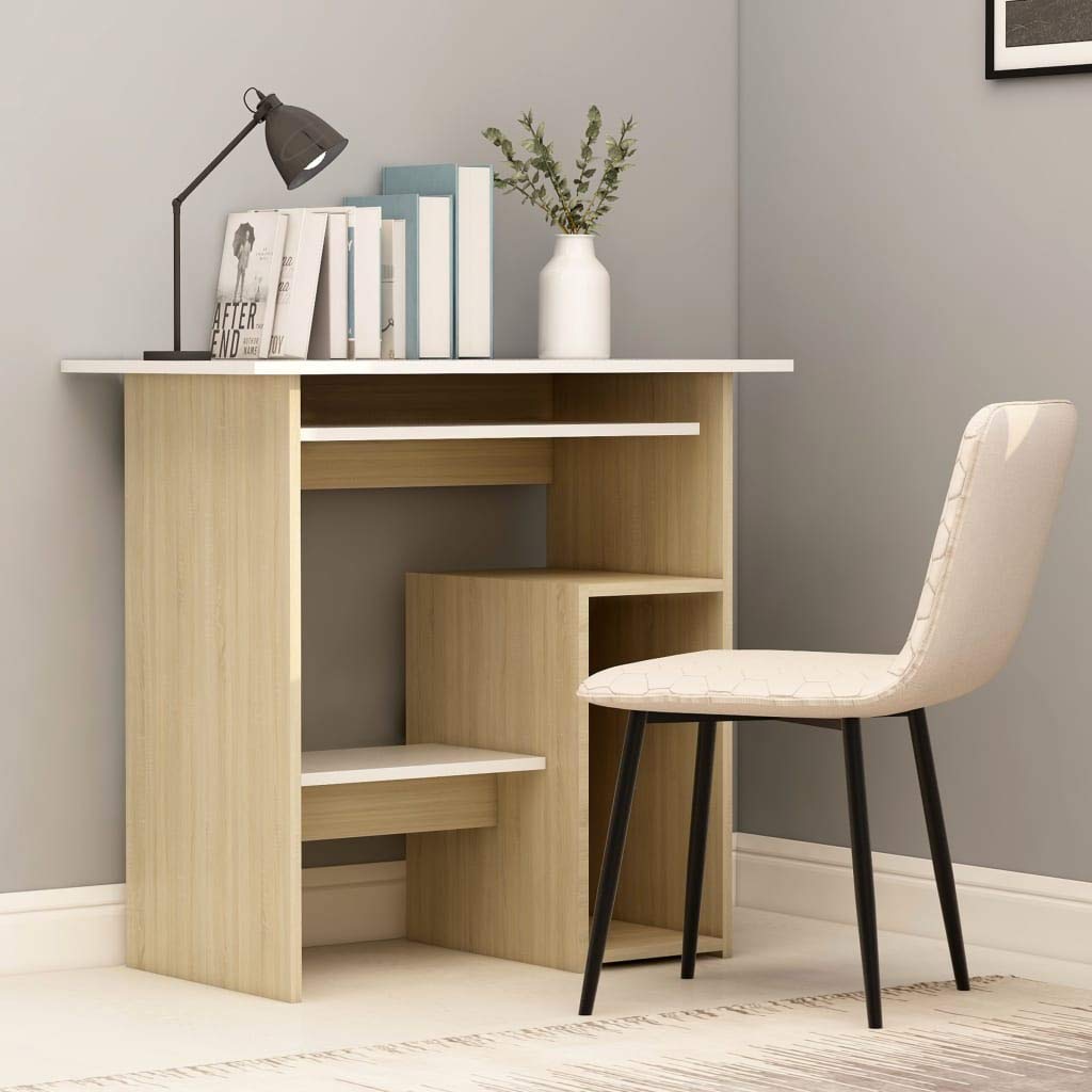 vidaXL- Modern Computer Desk, Compact Office/Study Desk with Keyboard Tray, PC Shelf, Easy-to-Clean, in White and Sonoma Oak, Made of Engineered Wood.
