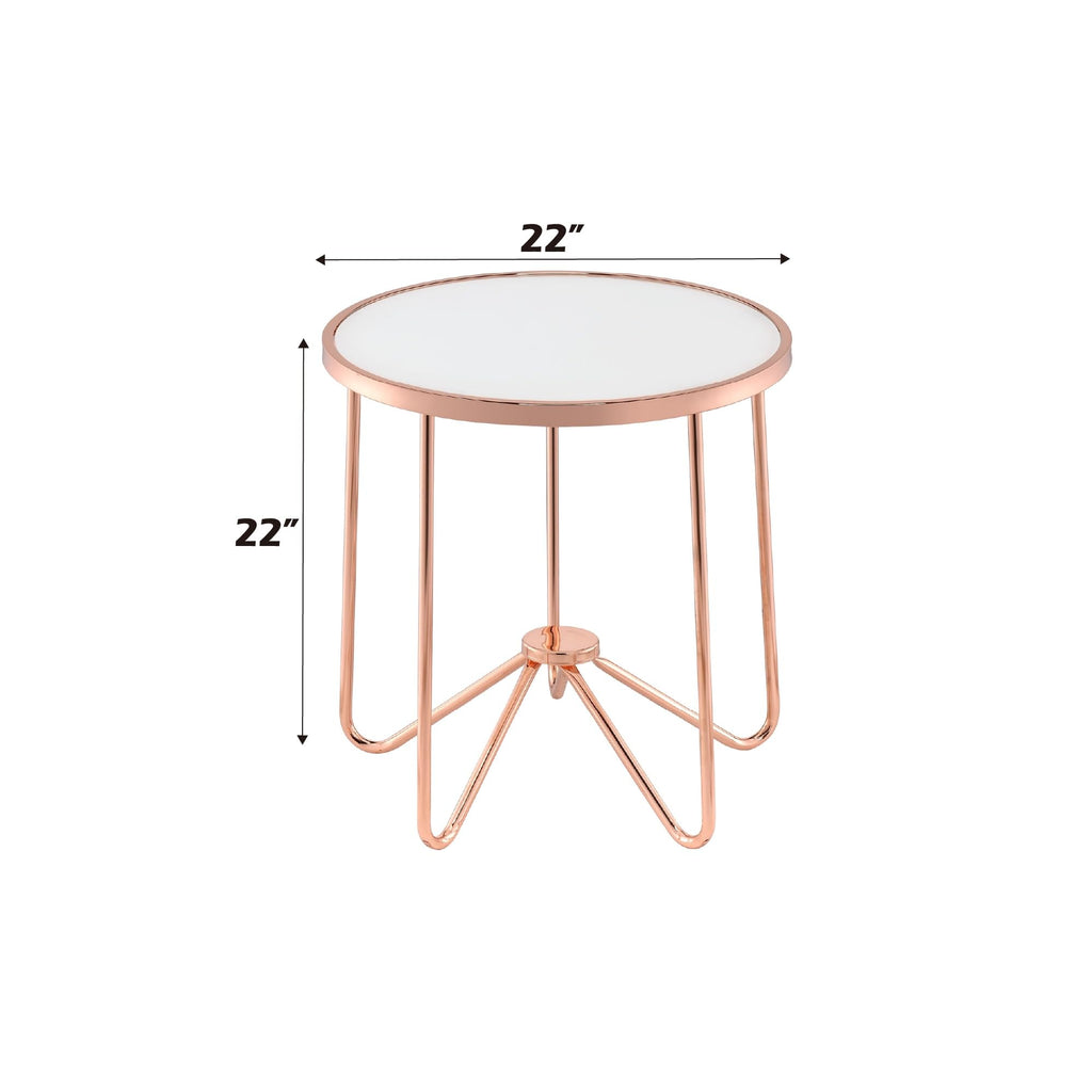 Acme Alivia Round Glass Top End Table In Frosted Glass And Rose Gold
