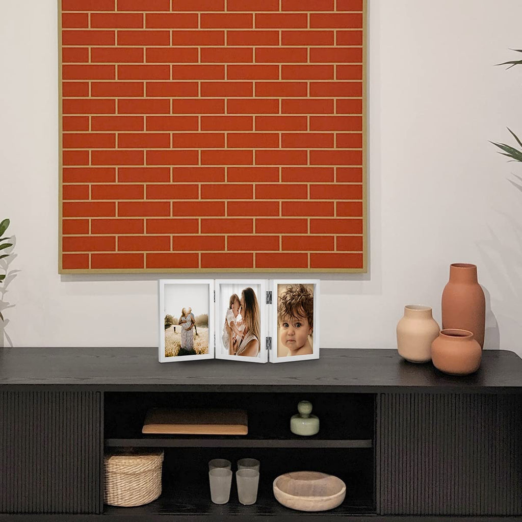 3 Picture Frame 4X6 Triple Hinged Mdf Wood With Glass Front Three Opening Photo Frame Stand Vertical On Tabletop, White