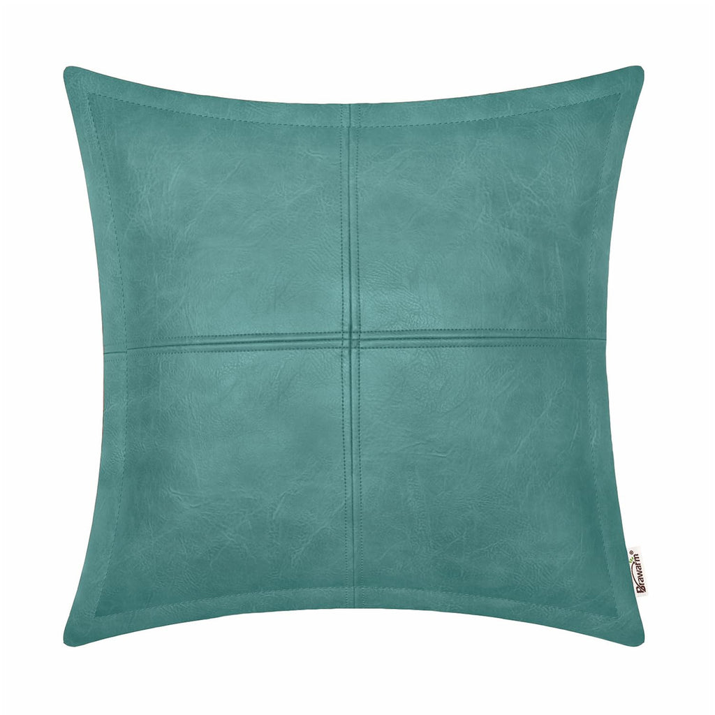 BRAWARM Teal Leather Throw Pillow 20 X 20 Inches, Faux Leather Pillow Cover with Piping, Hand Stitched Leather Decorative Throw 