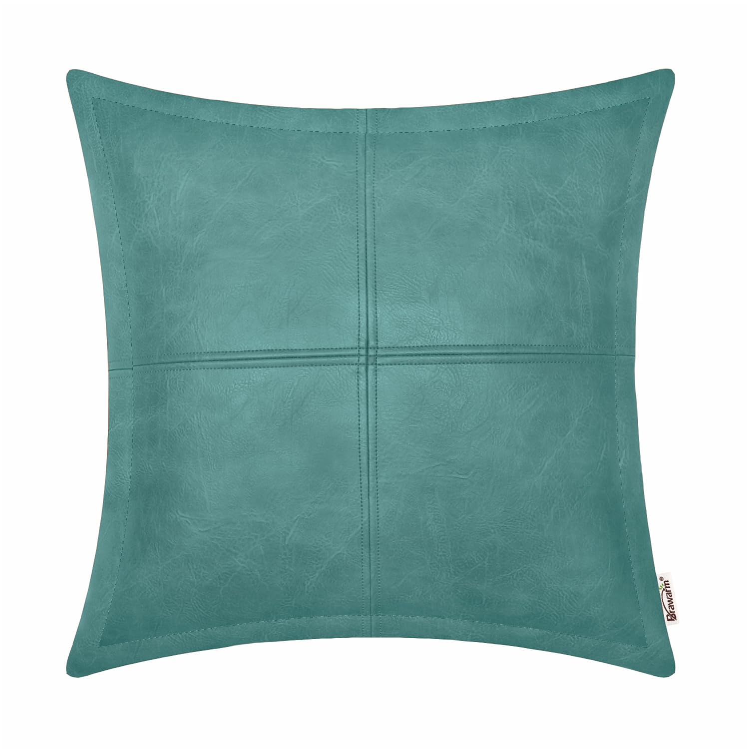 Brawarm Teal Leather Throw Pillow 22 X 22 Inches, Faux Leather Pillow Cover With Piping, Hand Stitched Leather Decorative Throw