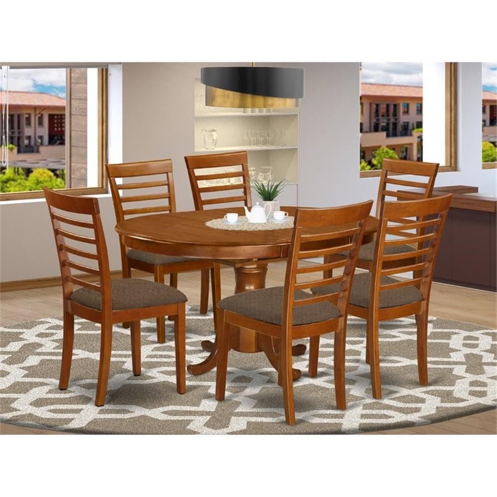East West Furniture POML7-SBR-C 7 Piece Kitchen Table & Chairs Set Consist of an Oval Dining Table with Butterfly Leaf and 6 Linen Fabric Dining Room Chairs, 42x60 Inch, Saddle Brown