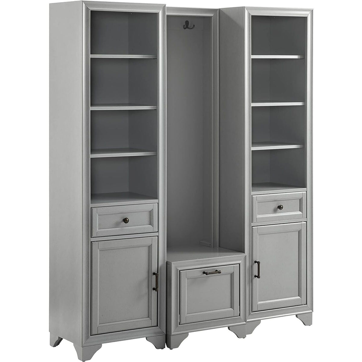 Crosley Furniture Tara 3-Piece Entryway Set with Hall Tree and 2 Linen Cabinets, Distressed Gray