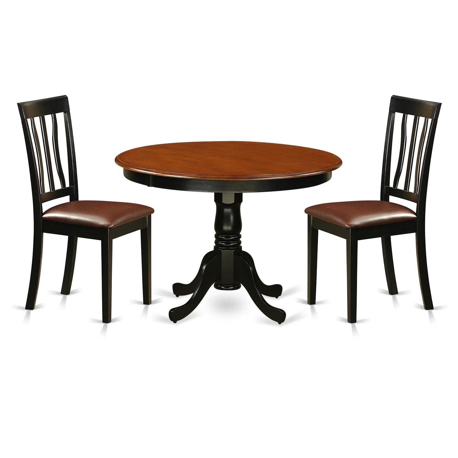 East West Furniture HLAN3-BCH-LC 3 Piece Dining Room Table Set Contains a Round Kitchen Table with Pedestal and 2 Faux Leather Upholstered Dining Chairs, 42x42 Inch, Black & Cherry