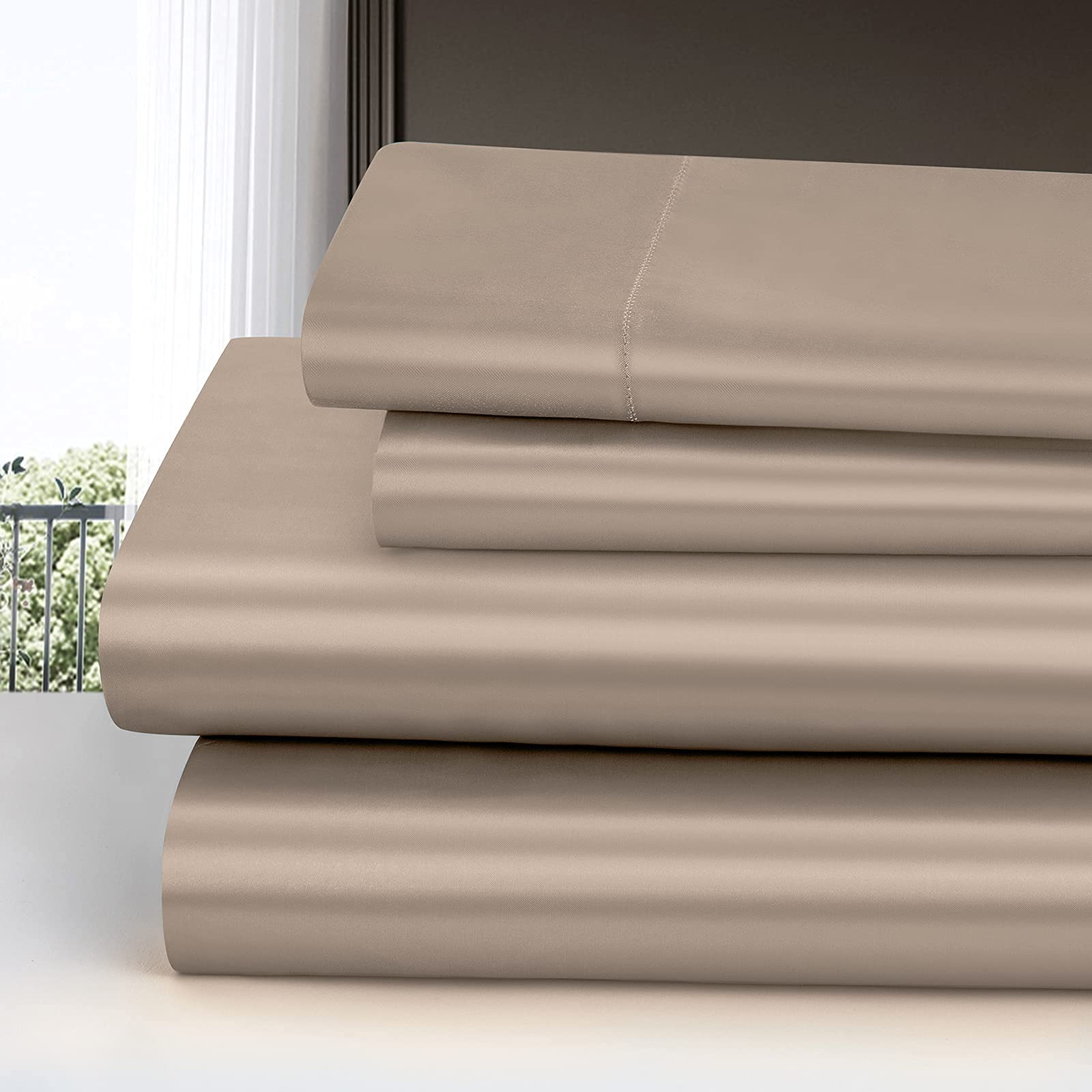Homiest 4Pcs Rv Short Queen Satin Sheets Set Luxury Silky Satin Bedding Set With 10' Deep Pocket, Camper Queen Sheets, 1 Fitted Sheet + 1 Flat Sheet + 2 Pillowcases (Rv Short Queen, Taupe)
