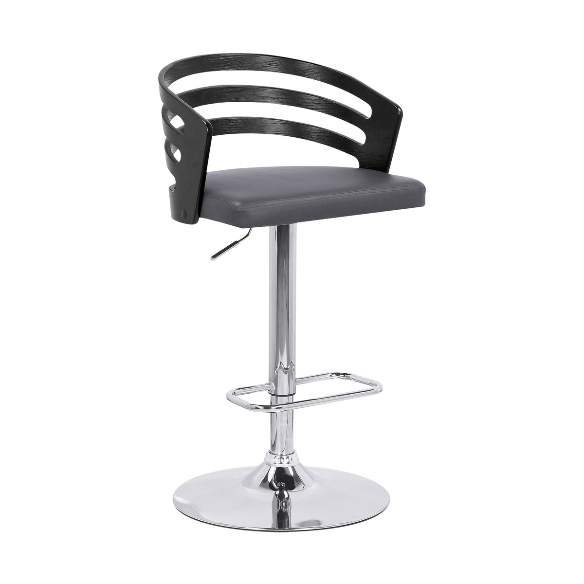 HomeRoots Wood, Metal, Foam Faux Leather Gray Faux Leather Black Wood and Chrome Adjustable Swivel Bar Stool