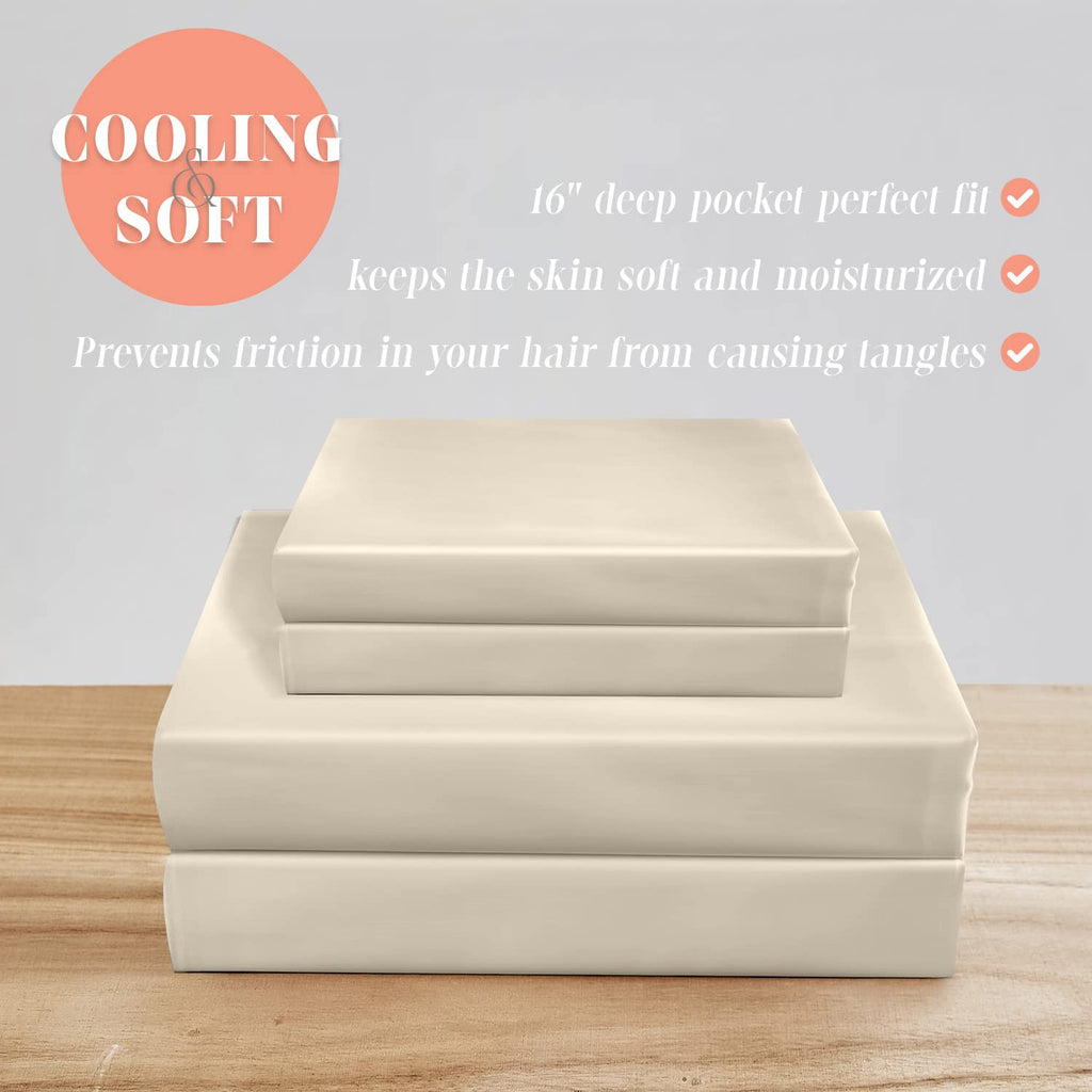 Elegant Comfort Luxurious 4-Piece Silky Satin Sheet Set, Skin And Hair Friendly, Wrinkle, Fade, Stain Resistant With Deep Pockets Fitted Sheet, Cooling Soft Satin Sheet Set, Cali King, Cream