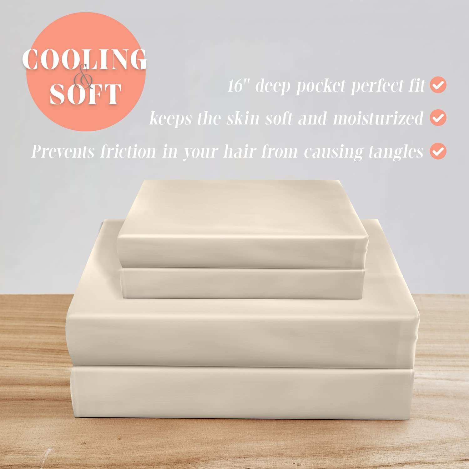 Elegant Comfort Luxurious 4-Piece Silky Satin Sheet Set, Skin And Hair Friendly, Wrinkle, Fade, Stain Resistant With Deep Pockets Fitted Sheet, Cooling Soft Satin Sheet Set, Cali King, Cream