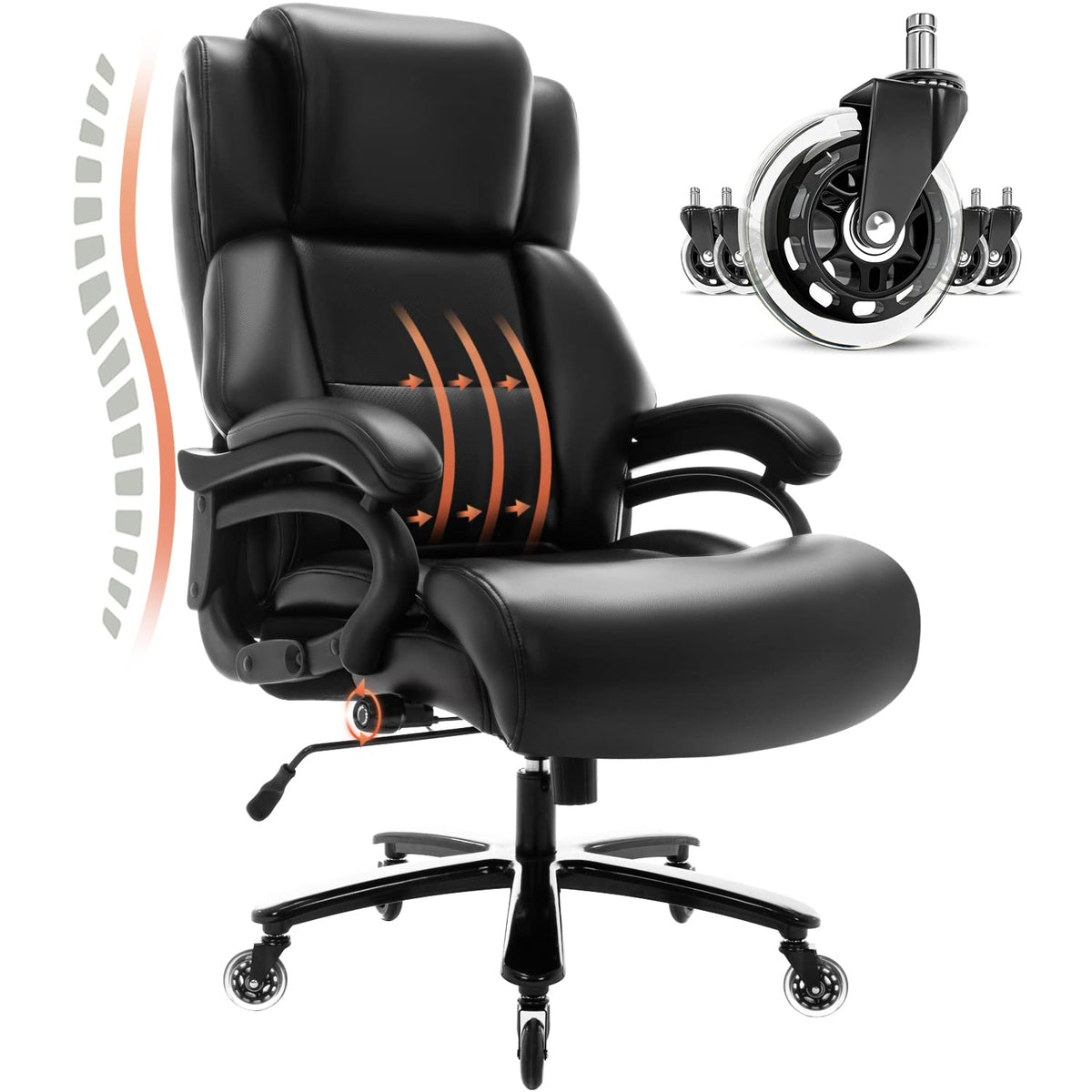 Big And Tall 400Lbs Office Chair - Adjustable Lumbar Support Heavy Duty Metal Base Quiet Rubber Wheels High Back Large Executive Computer Desk Swivel Chair, Ergonomic Design For Back Pain, Brown