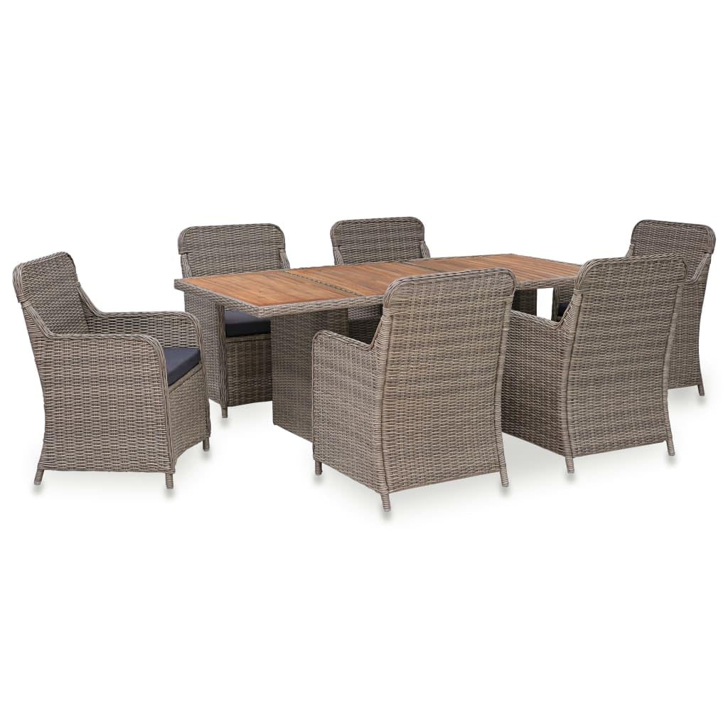 vidaXL Patio Dining Set 7 Piece, Patio Dining Table Set with Glass Tabletop, Rattan Chairs with Cushions, Outdoor Furniture Set, Poly Rattan Brown