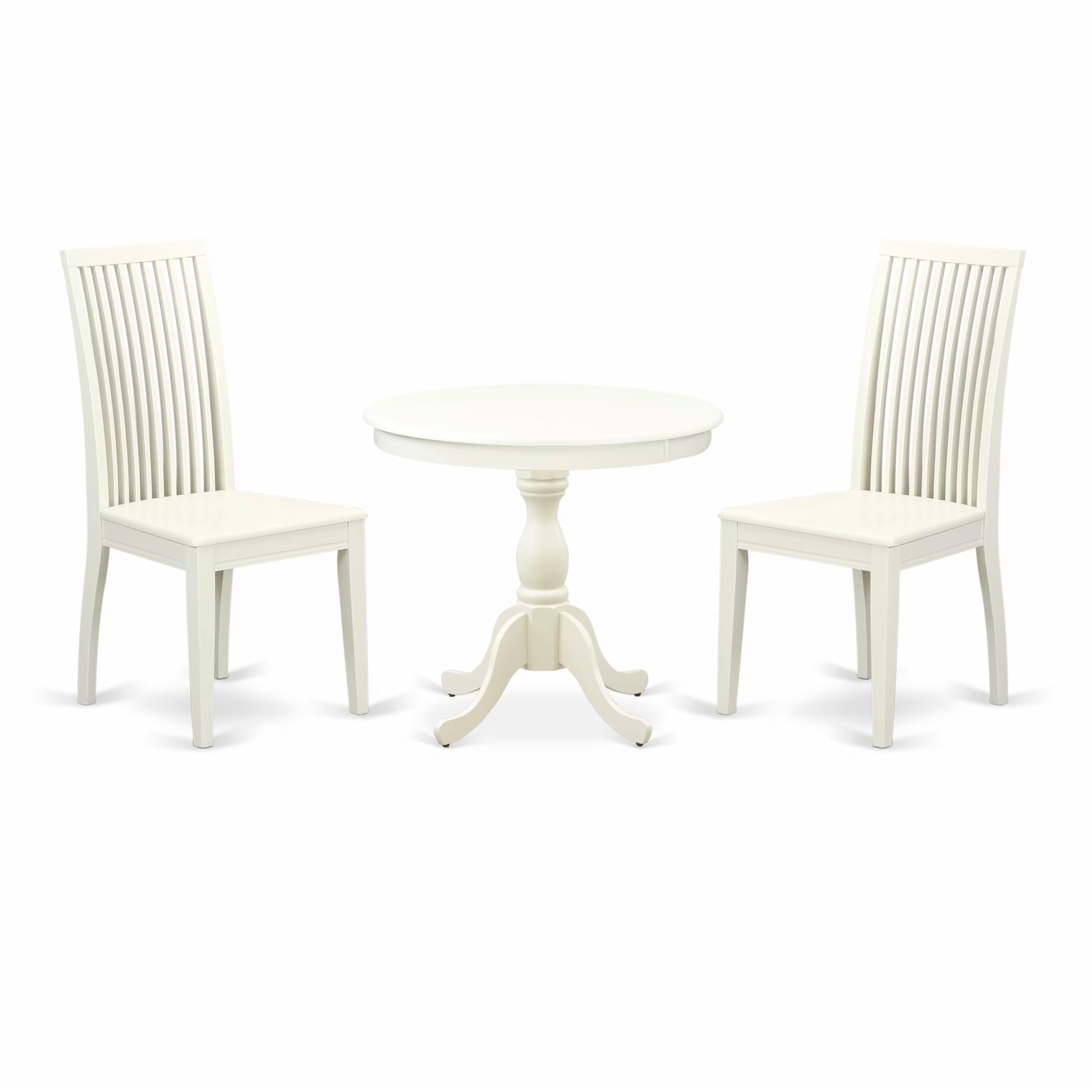 East West Furniture AMIP3-LWH-W 3 Piece Dining Room Table Set Contains a Round Kitchen Table with Pedestal and 2 Dining Chairs, 36x36 Inch, Linen White