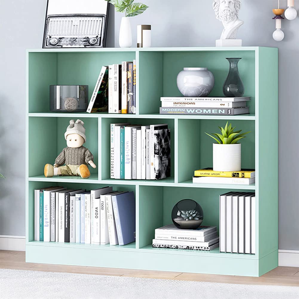 IOTXY Open Shelf Low Bookcase - Wooden 3-Tier Floor Standing Display Cabinet Organizer with Base, 7 Cubes Short Horizontal Books