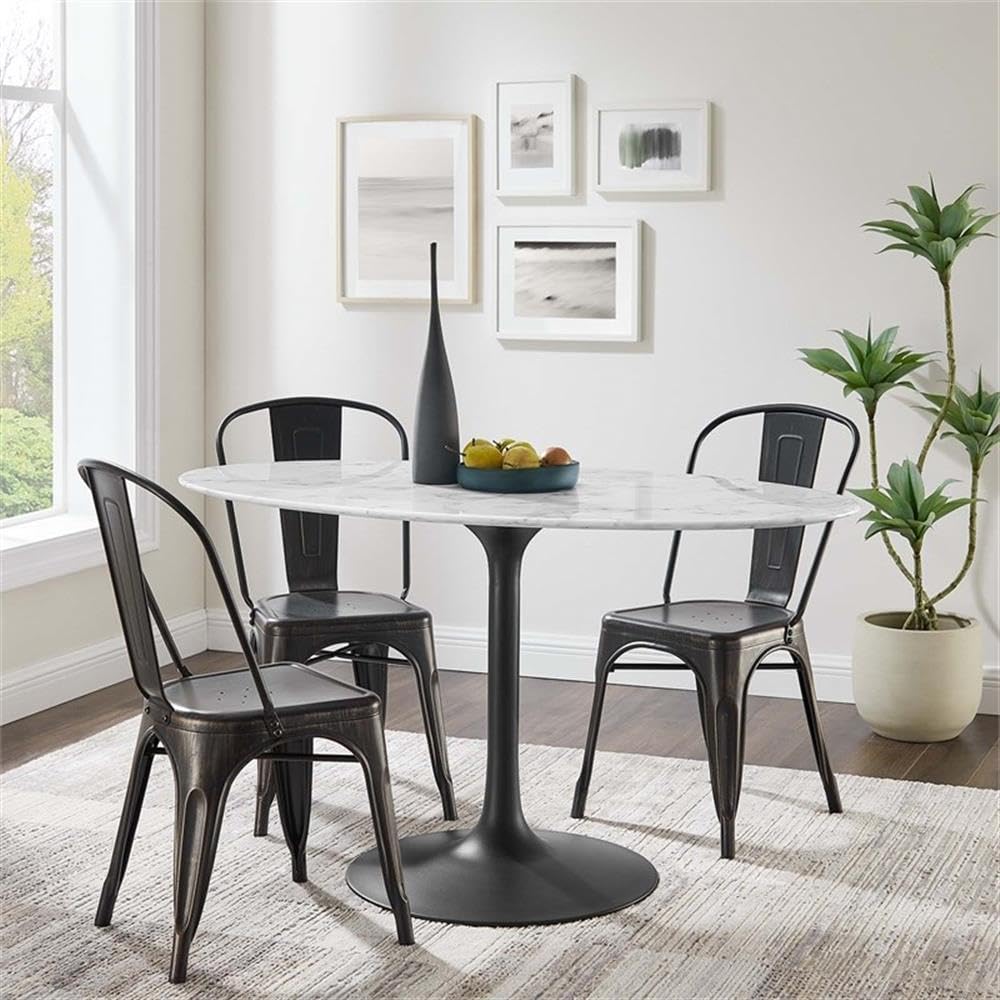 Modway Lippa 54&quot; Oval-Shaped Mid-Century Modern Dining Table With Artificial Marble Top And Black Base