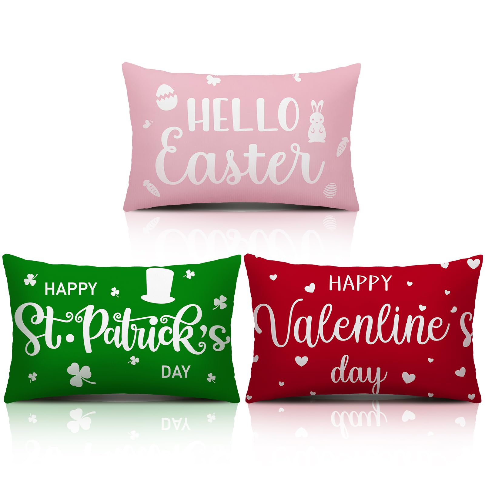 Hahafelt 3 Pcs Valentine's Day St. Patrick's Day Easter Pillow Covers 12 x 20'' Heart Love Easter Eggs Bunny Cushion Case Spring