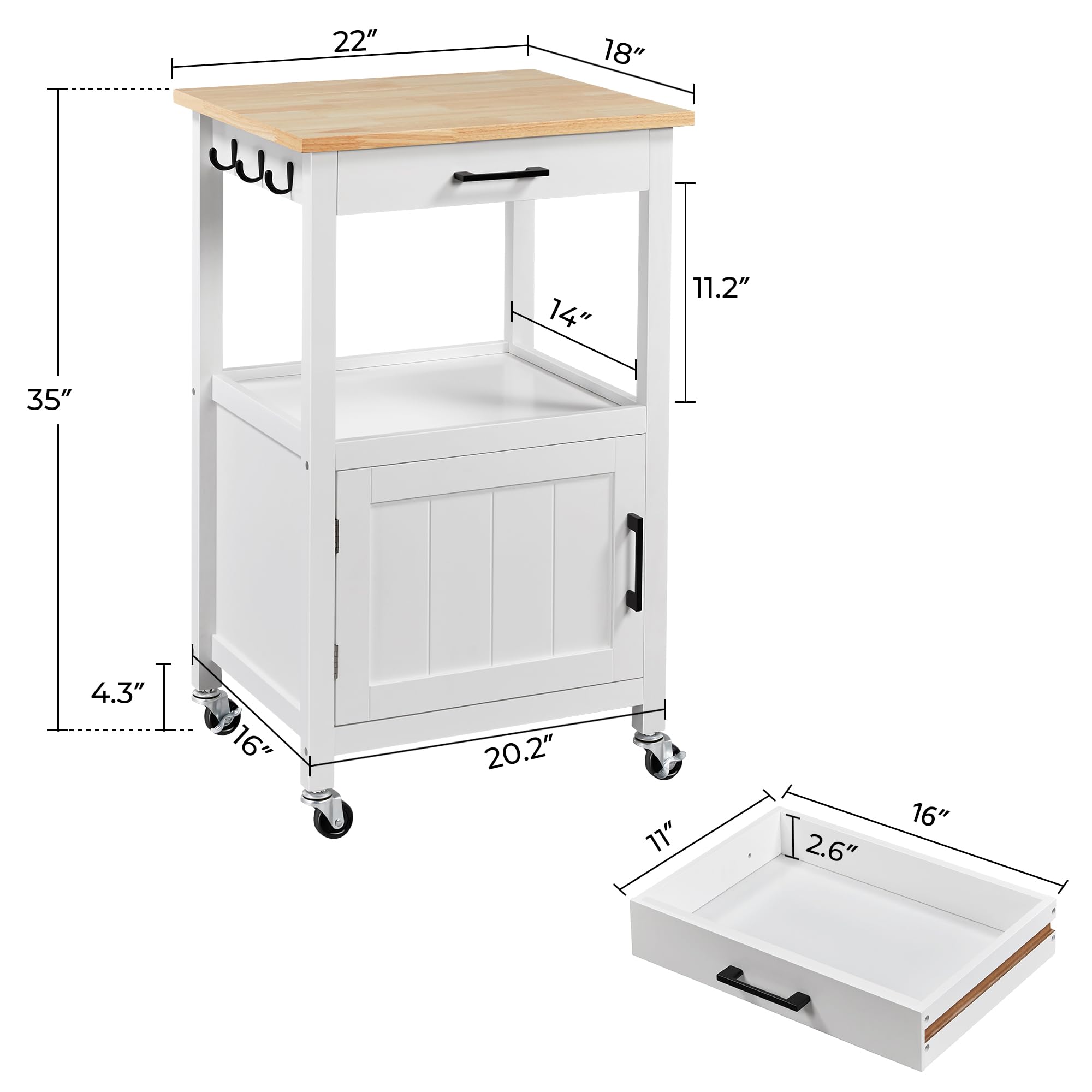 Yaheetech Rolling Kitchen Island With Single Door Cabinet, Kitchen Cart With Drawer On Swivel Wheels, Small Coffee Cart Microwave Stand With 3 Side Hooks For Dining Room, White