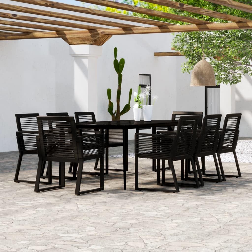 vidaXL Black Patio Dining Set - 9 Piece Outdoor Dining Set with Powder-Coated Steel Frame and Glass Tabletop