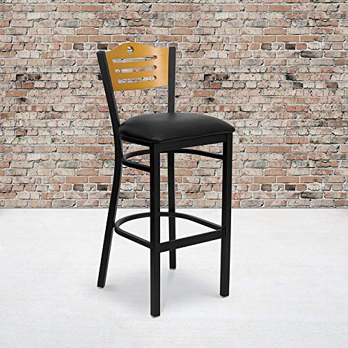 Flash Furniture HERCULES Series Black Slat Back Barstool - Natural Wood Back, Black Vinyl Seat, Metal Frame, Set of 1
