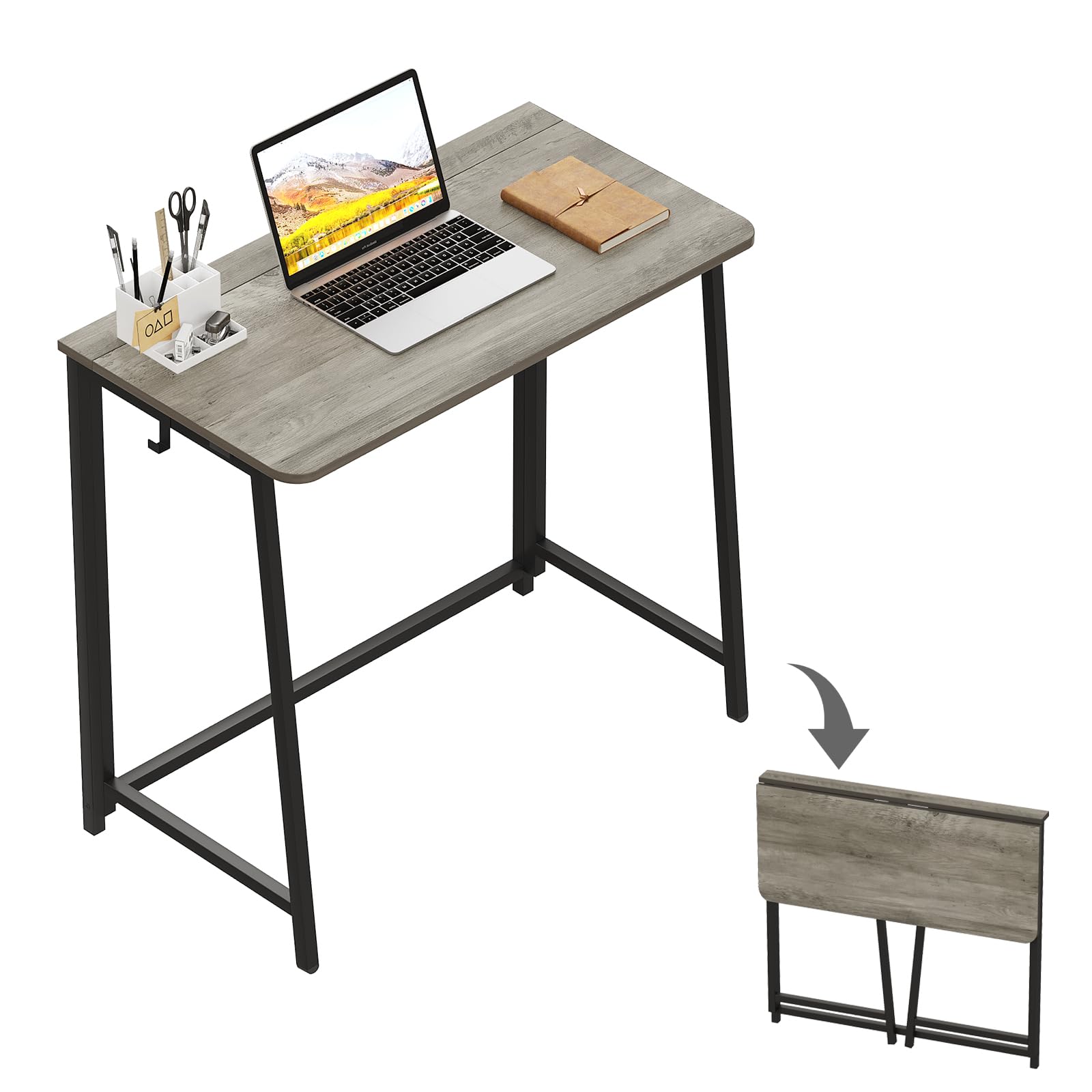 Wohomo Folding Desk, Small Foldable Desk 31.5' For Small Spaces, Space Saving Computer Table Writing Workstation For Home Office, Easy Assembly, Gray-Wash