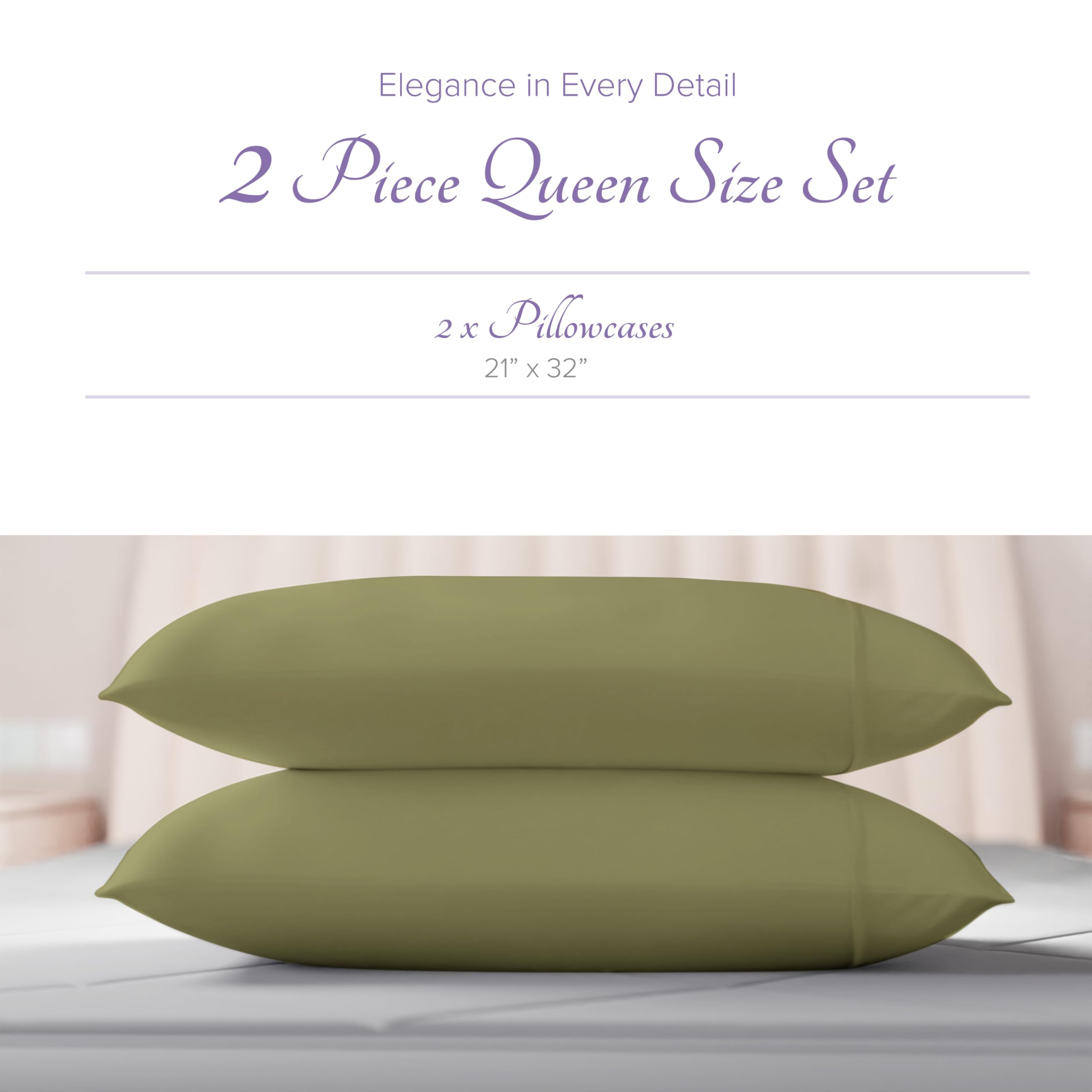 Carressa Linen 100% Egyptian Cotton Pillow Cases Set Of 2-600 Thread Count Sage Green Standard/Queen Pillowcase For Sleeping, So