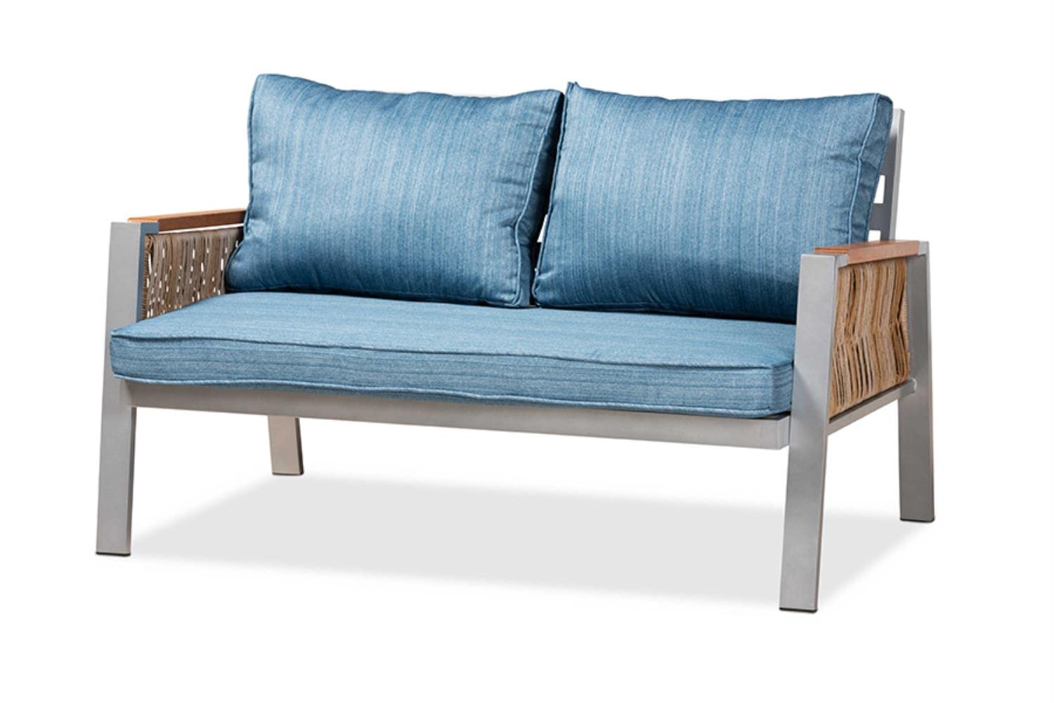 Baxton Studio Nicholson Modern and Contemporary Blue Fabric Upholstered and Grey Finished Metal with Brown Finished PE Rattan 4-Piece Outdoor Patio Lounge Set