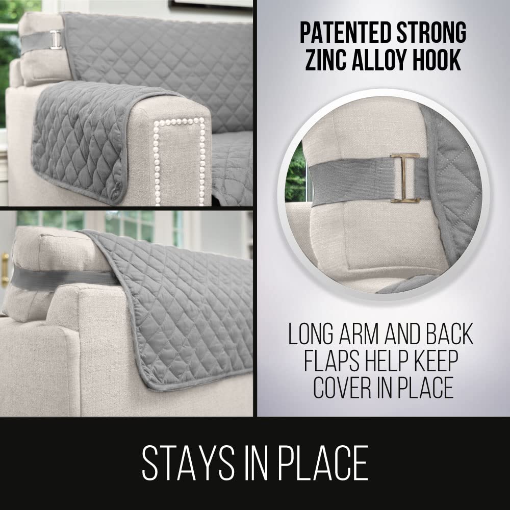 Sofa Shield Chaise Slip Cover With Patented Strap, Cushion Protector, Reversible Stain And Dog Tear Resistant Slipcover, Quilted Microfiber 102X34” Seat Washable Covers, Dogs Pet Kids Lt Gray Charcoal