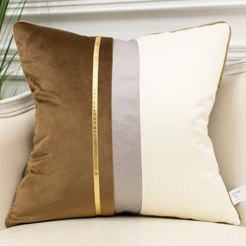 Avigers 22 X 22 Inches Coffee Brown White Gold Leather Striped Patchwork Velvet Cushion Case Luxury Modern Throw Pillow Cover De