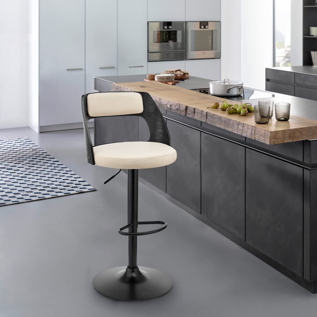 HomeRoots Poplar bentwood/Metal/Faux Leather/Foam Cream Upholstered Black Base Adjustable Swivel Bar Stool