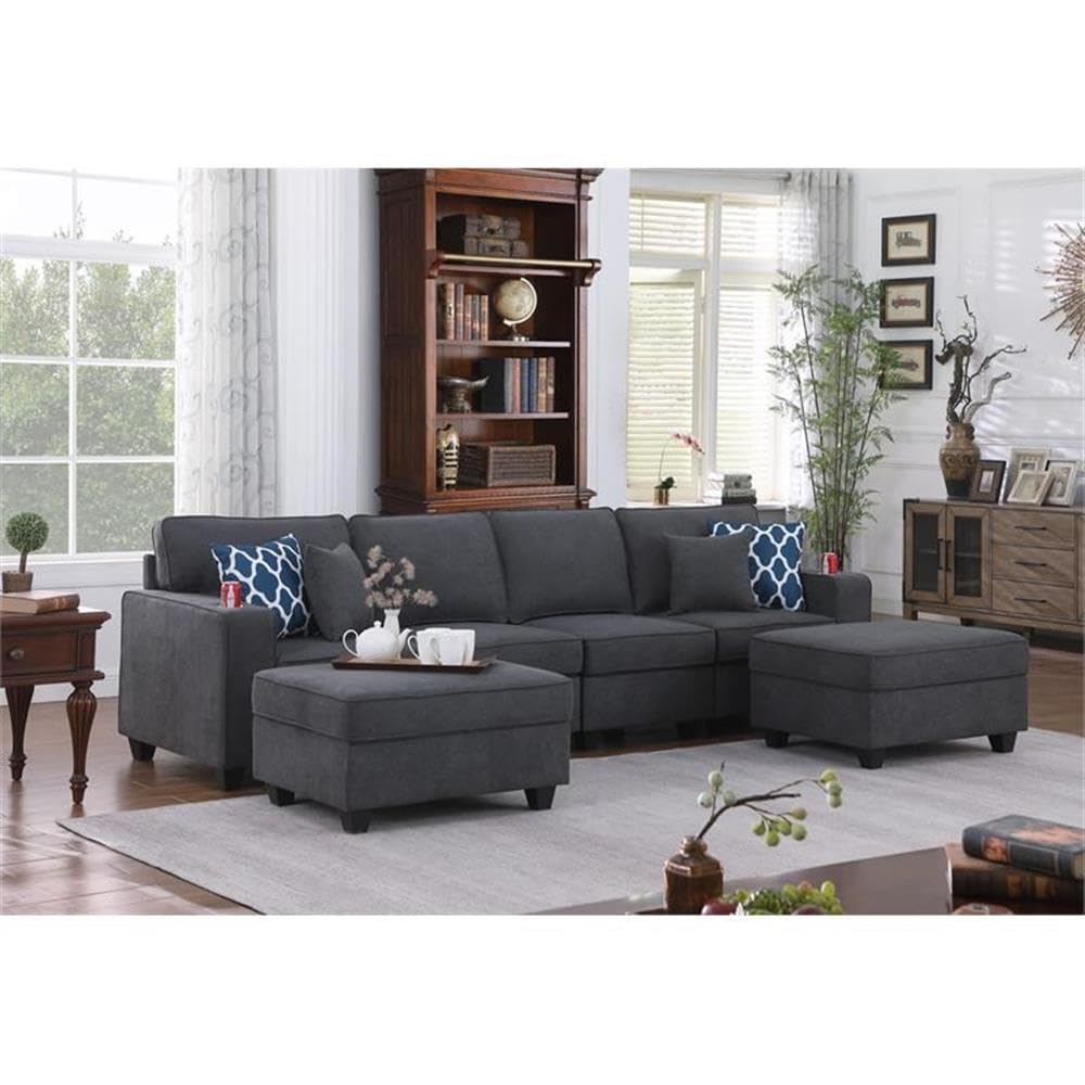 Lilola Home Cooper Stone Gray Woven Fabric 4-Seater Sofa with 2 Ottomans and Cupholder