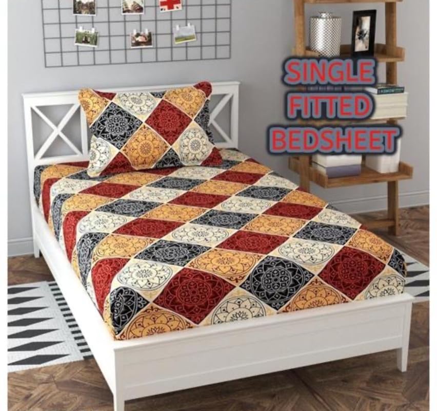 Fitted Cottonsingle Bedsheet (Elastic) With 1 Pillow Cover Single Safari 94 (ShivamSinglesafariA94_Bzr)