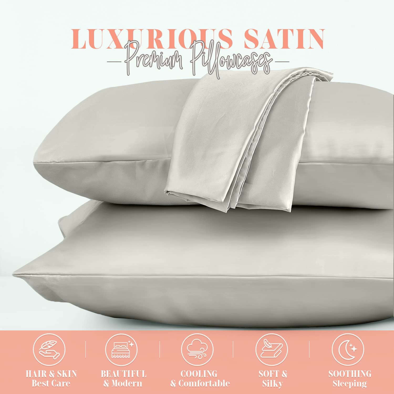 Elegant Comfort Silky And Luxurious 2-Piece Satin Pillowcase Set For Healthier Skin And Hair, Hidden Zipper Closure And Beautifully Packaged, Satin Pillowcase Set, King, Light Jade