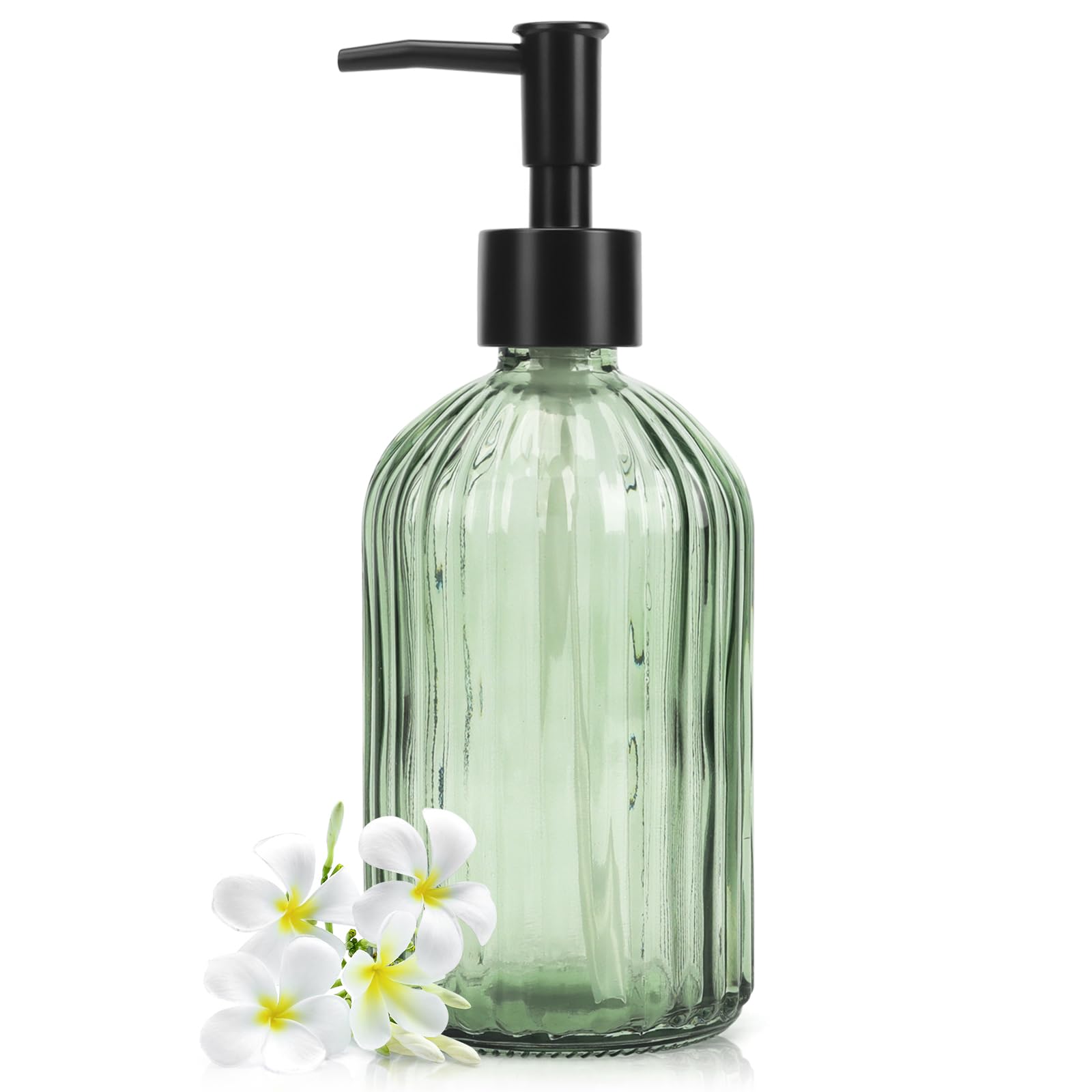 Topsky Glass Soap Dispenser with Black Plastic Pump, 400ml Liquid Hand Soap Dispenser, Rustproof Pump for Kitchen & Bathroom, Gr