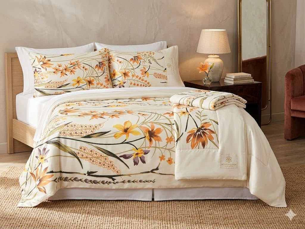 Floral Print Double Bed Comforter Set, Cream And Orange, With 2 Pillow Covers, Botanical Bloom Design