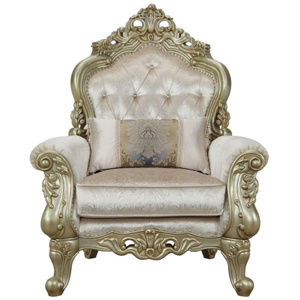 Acme Gorsedd Chair with 1 Pillow in Cream Fabric and Golden Ivory