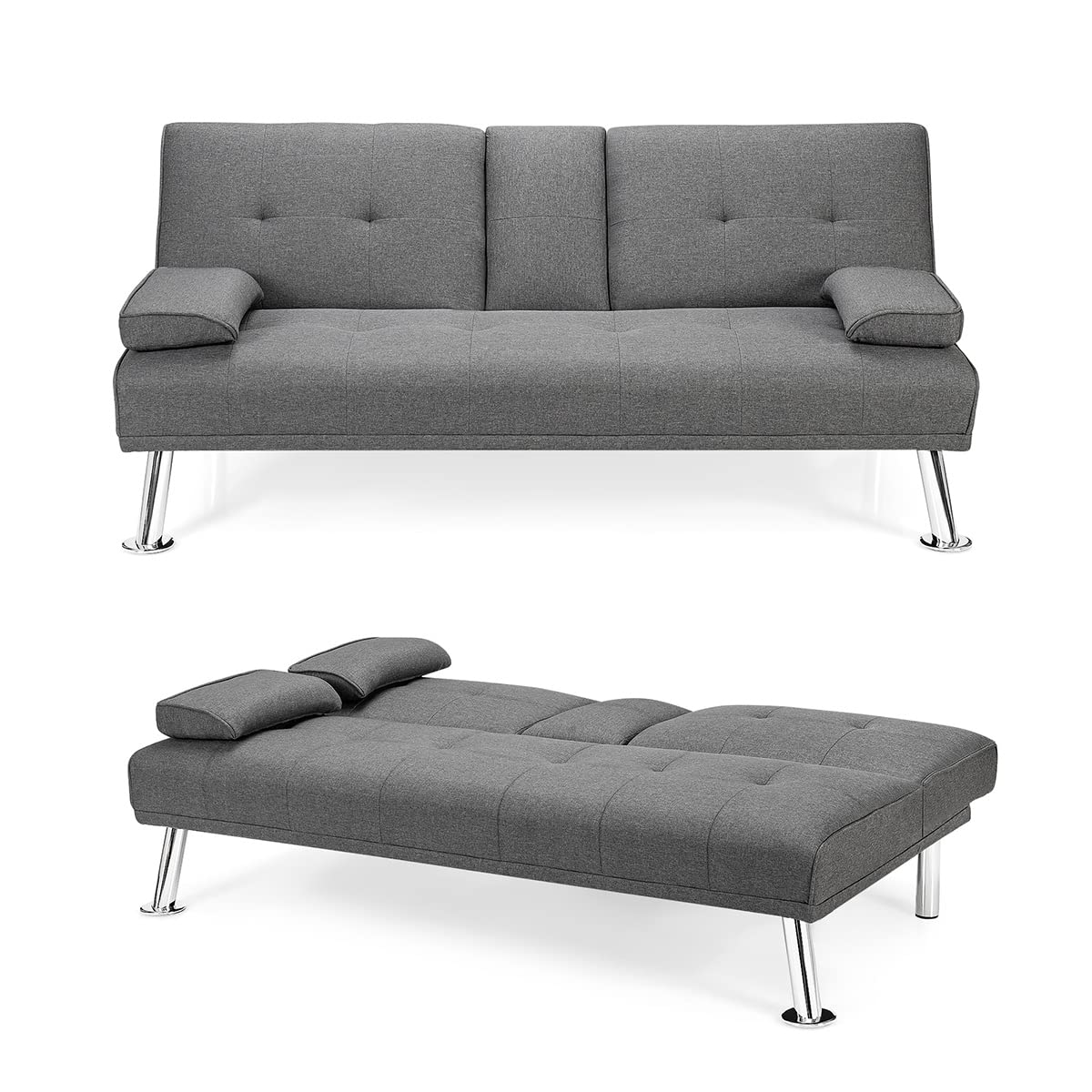 Komfott Upholstered Futon Sofa Bed, Linen Futon Sofa Couch With Adjustable Backrest & Removable Armrests, 2 Cup Holders, Convertible Sleeper Sofa Love Seat For Living Room Apartment (Light Gray)