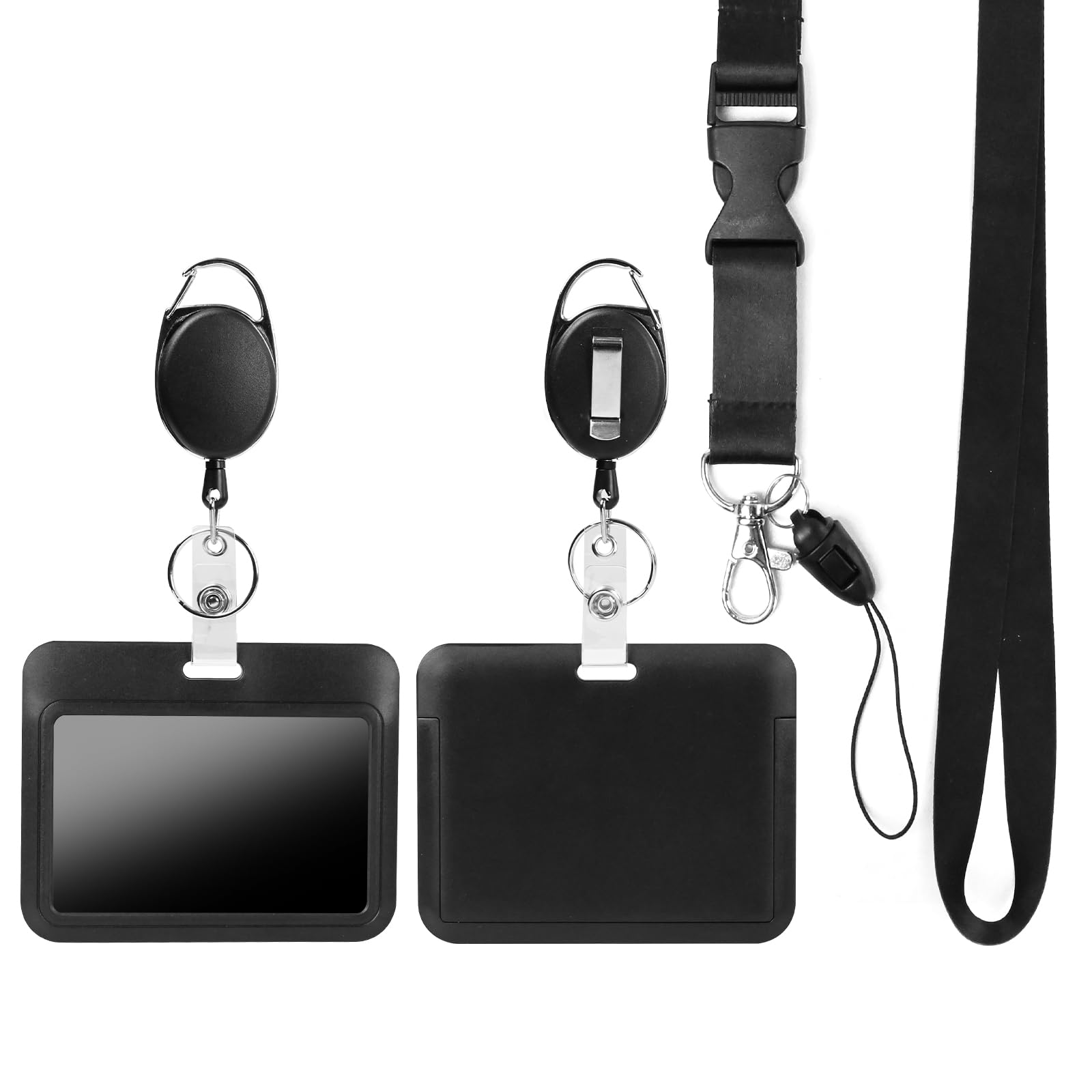 Black Horizontal Id Badge Holder With Lanyard, Retractable Heavy Duty Oval Badge Reels,Detachable Keychain, For Nurse Officer Te