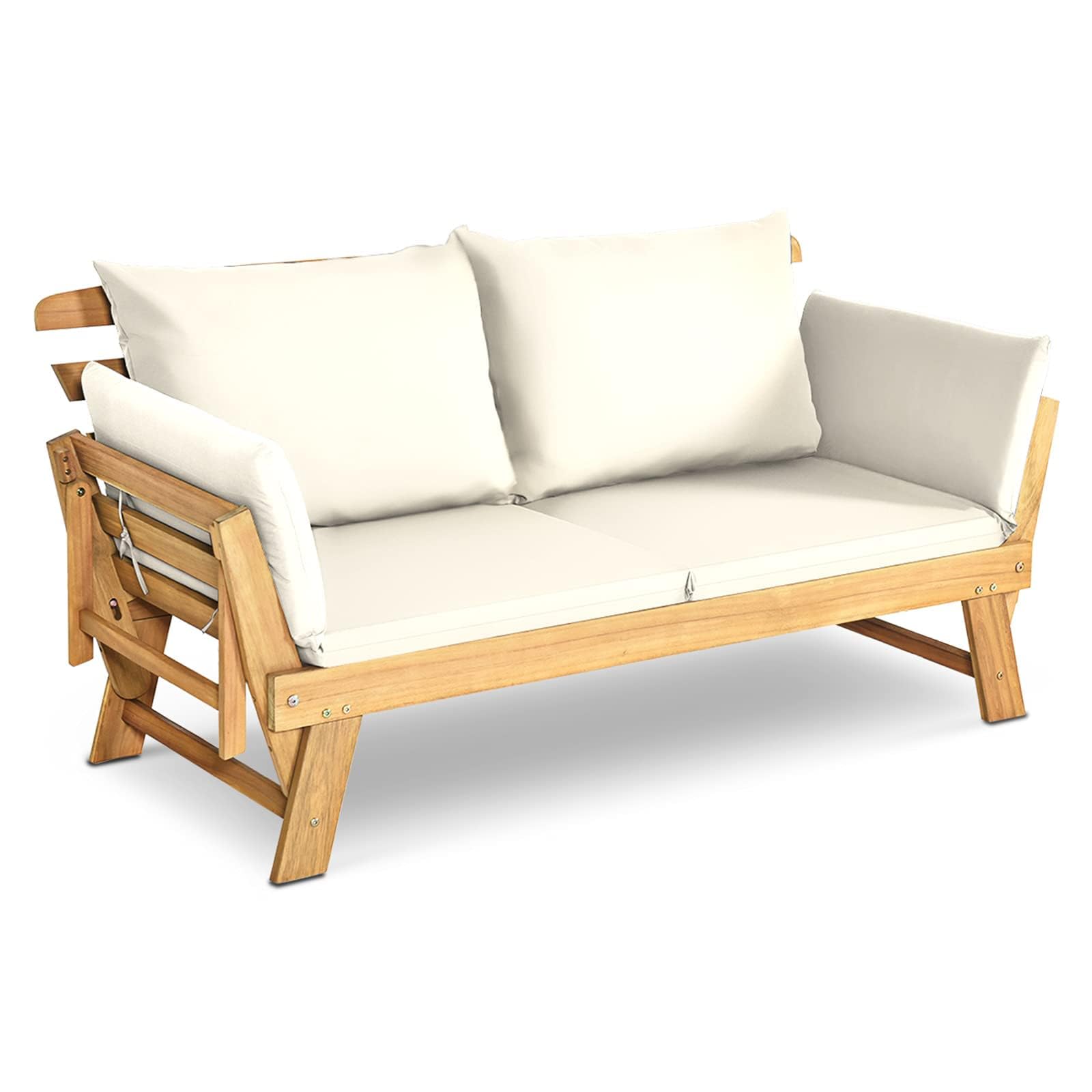 Dortala Patio Convertible Couch Sofa Bed, Acacia Wood Daybed W/Adjustable Armrest, Collapsible Chaise Lounge W/Cushions & Pillows, Outdoor Loveseat For Poolside, Courtyard (White)