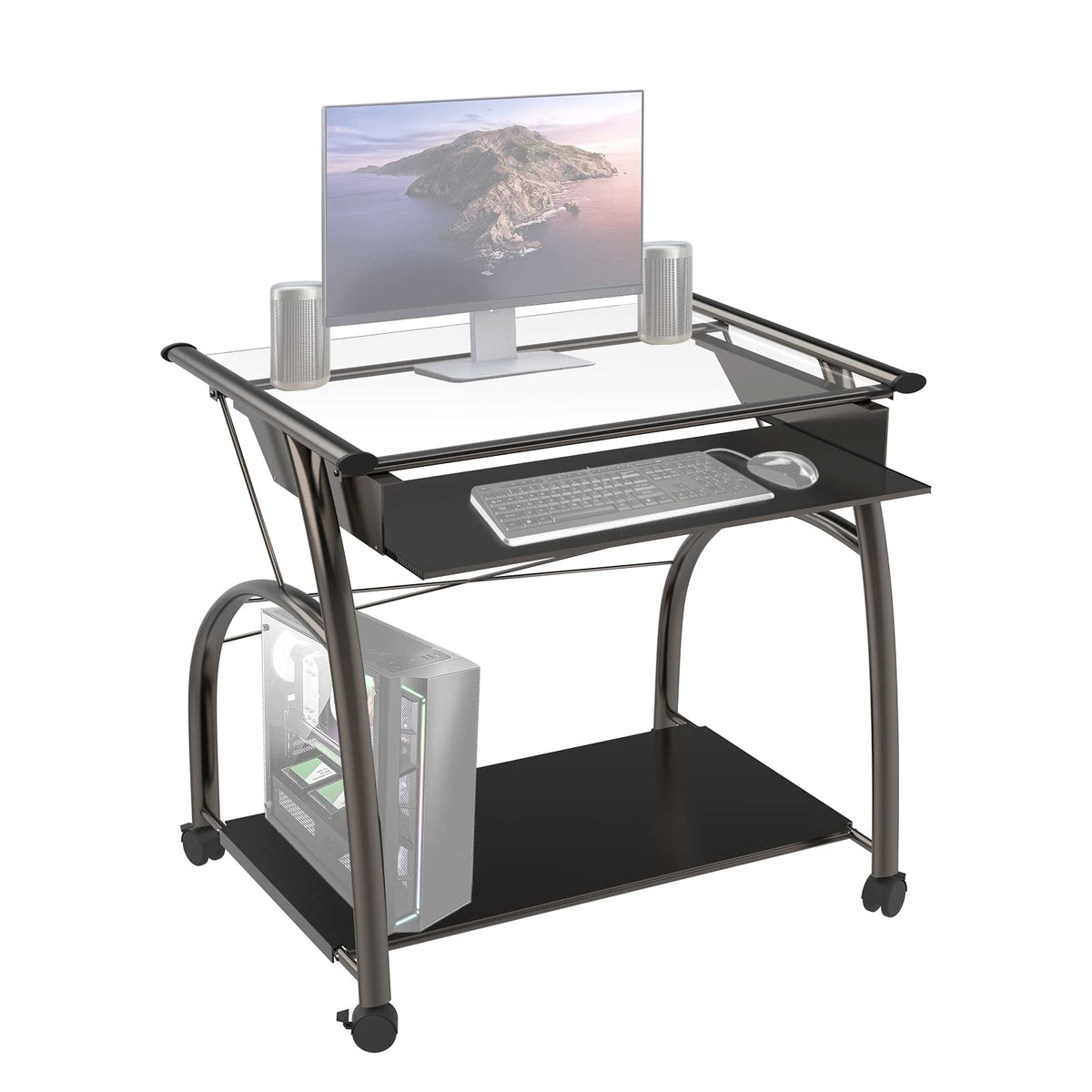 Acme Vincent Glass Top Computer Cart With Pull-Out Keyboard In Pewter